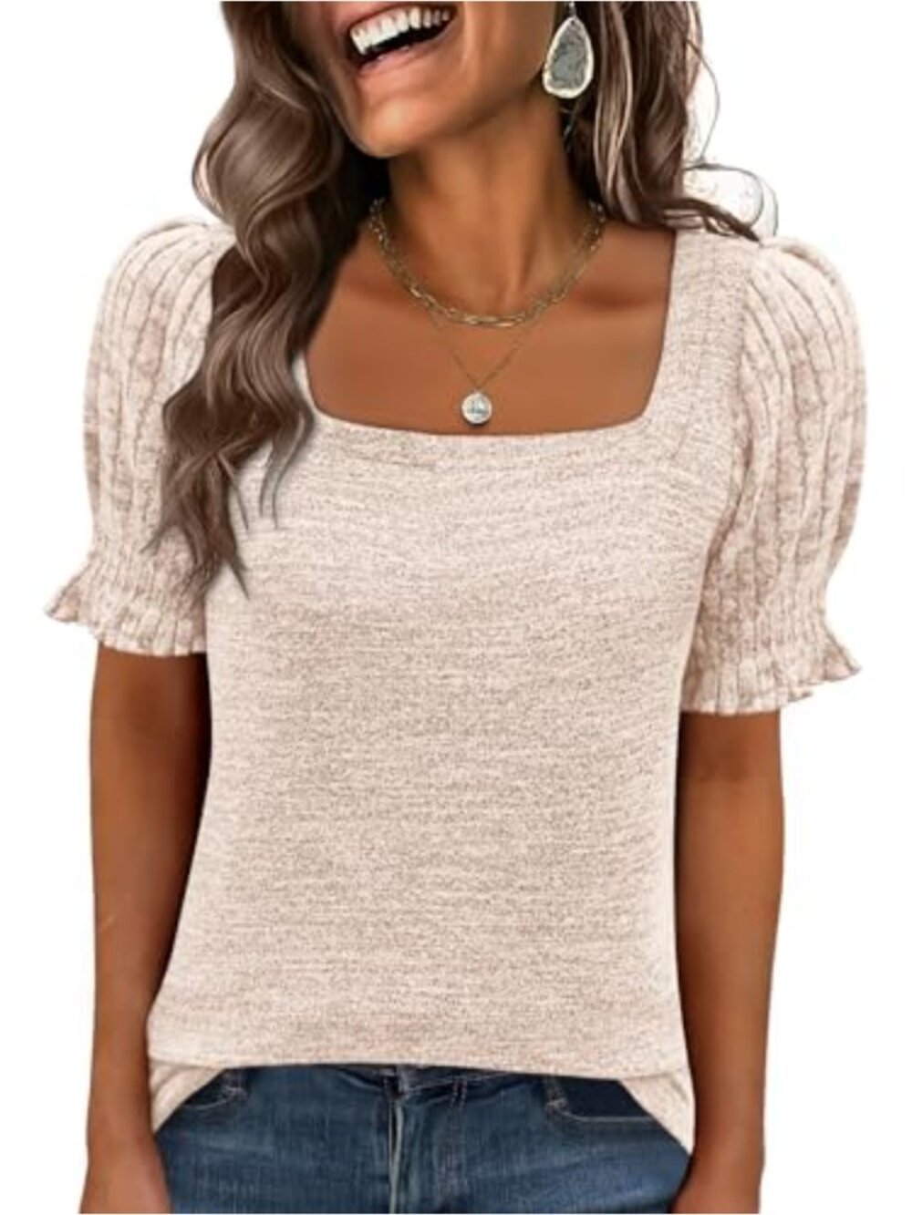 Womens Square Neck Ruffle Short Sleeve Blouse Casual Work Tunic Top